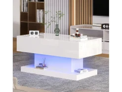 Merax Mesa de centro com tampo elevatório - 100 x 50 x 45 cm - LEDs - Aglomerado e metal - brilhante^ Mesa De Centro