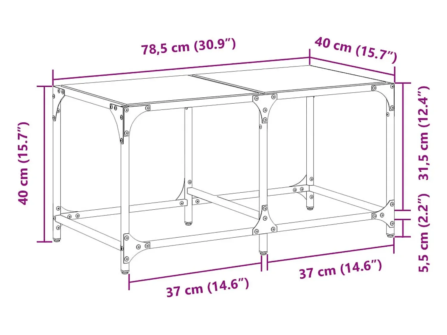 vidaxl Mesa de centro com topo em vidro 78,5x40x40 cm aço^ Mesa De Centro
