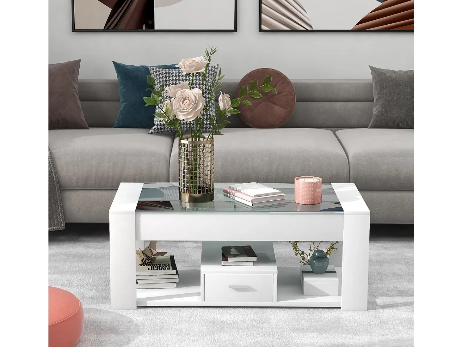 Mesa De Centro|ModernLuxe Mesa de centro com uma gaveta - tampo em vidro - Branco