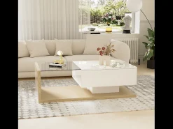 Merax Mesa de centro com uma gaveta e prateleiras - LEDs - 105x55x32,5cm - Aglomerado - Branco brilhante e madeira^ Mesa De Centro