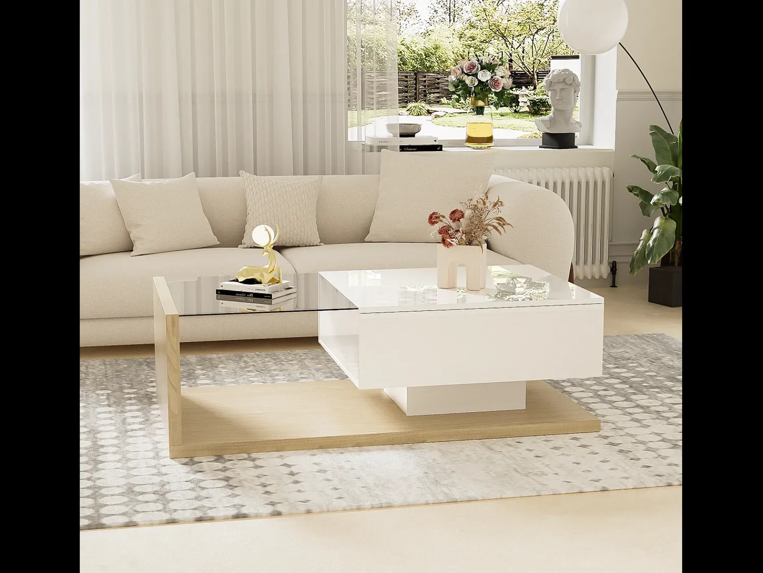 Merax Mesa de centro com uma gaveta e prateleiras - LEDs - 105x55x32,5cm - Aglomerado - Branco brilhante e madeira^ Mesa De Centro