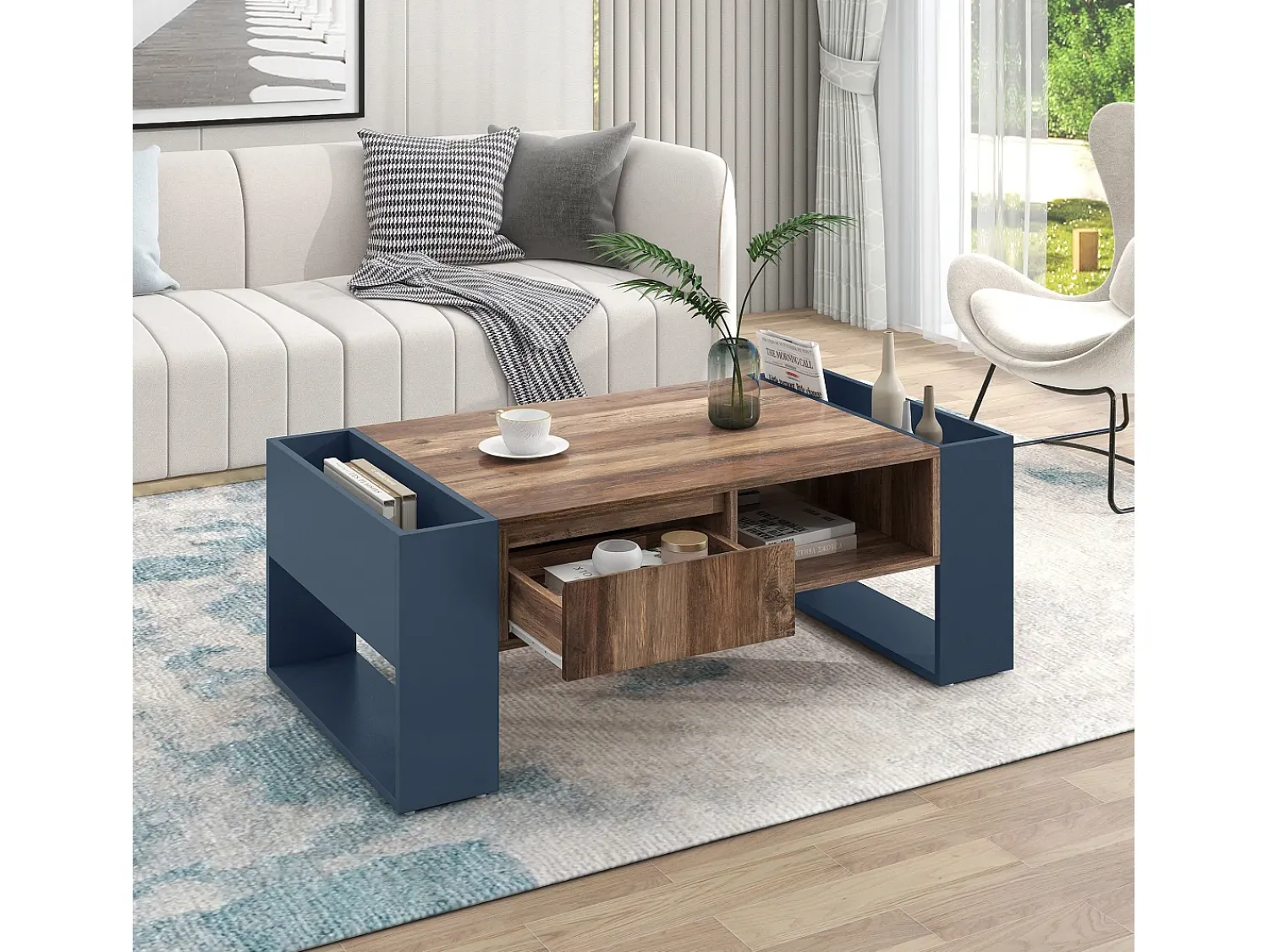 ModernLuxe Mesa de centro com uma gaveta - estilo industrial - Castanho e Preto^ Mesa De Centro