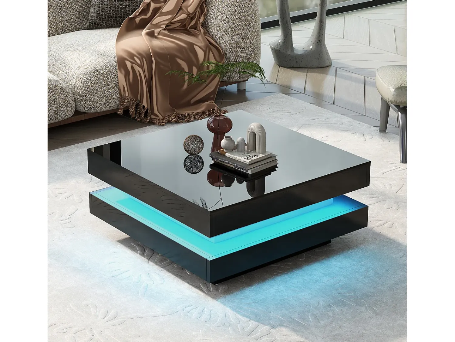 Mesa De Centro*ModernLuxe Mesa de centro contemporânea com LED em 16 cores - formato quadrado - Preto