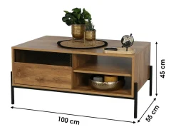 Meublorama Mesa de centro cor carvalho escuro estilo rústico. Pés em metal preto, dimensões 60x49x110cm.^ Mesa De Centro