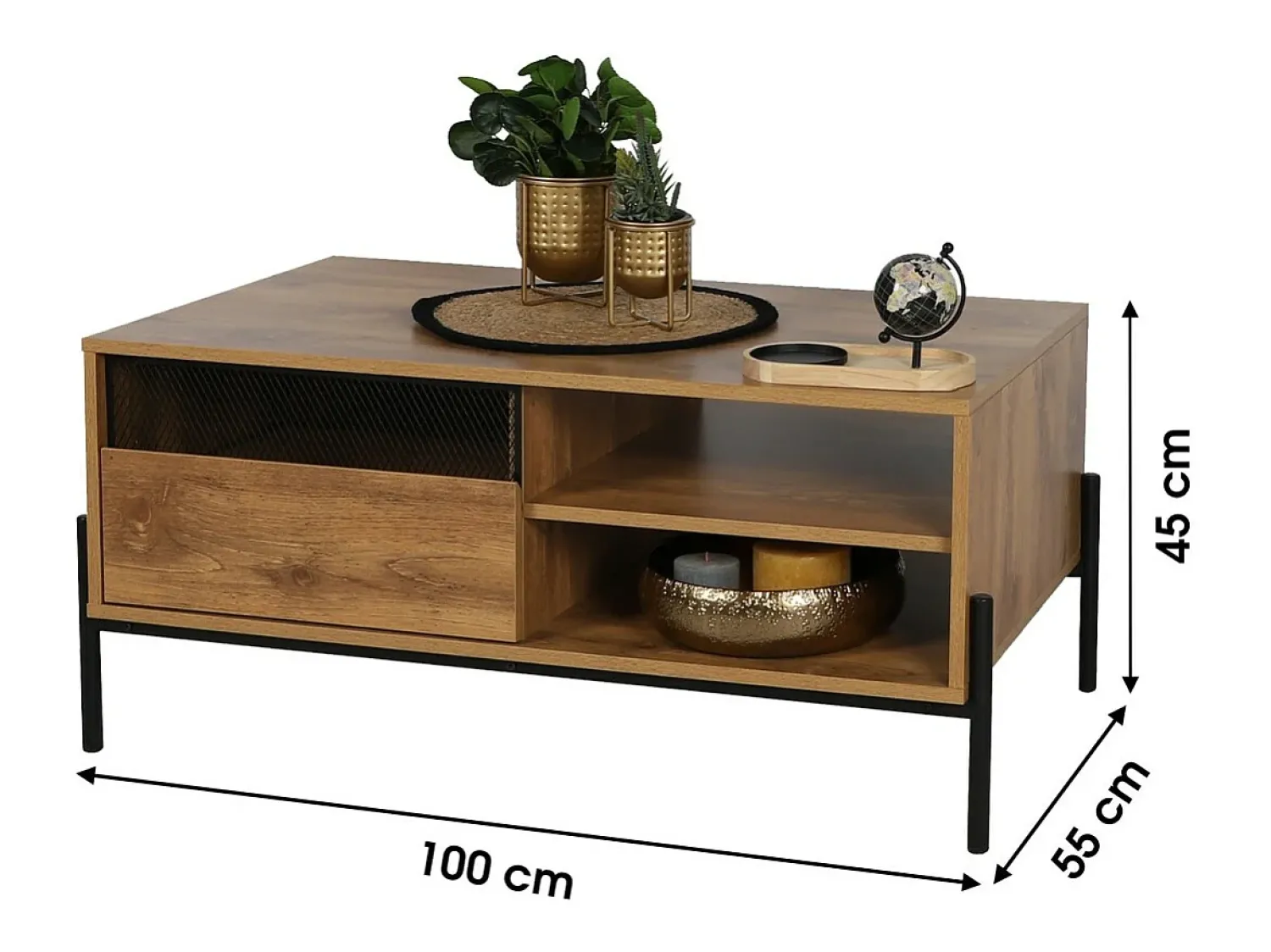 Meublorama Mesa de centro cor carvalho escuro estilo rústico. Pés em metal preto, dimensões 60x49x110cm.^ Mesa De Centro