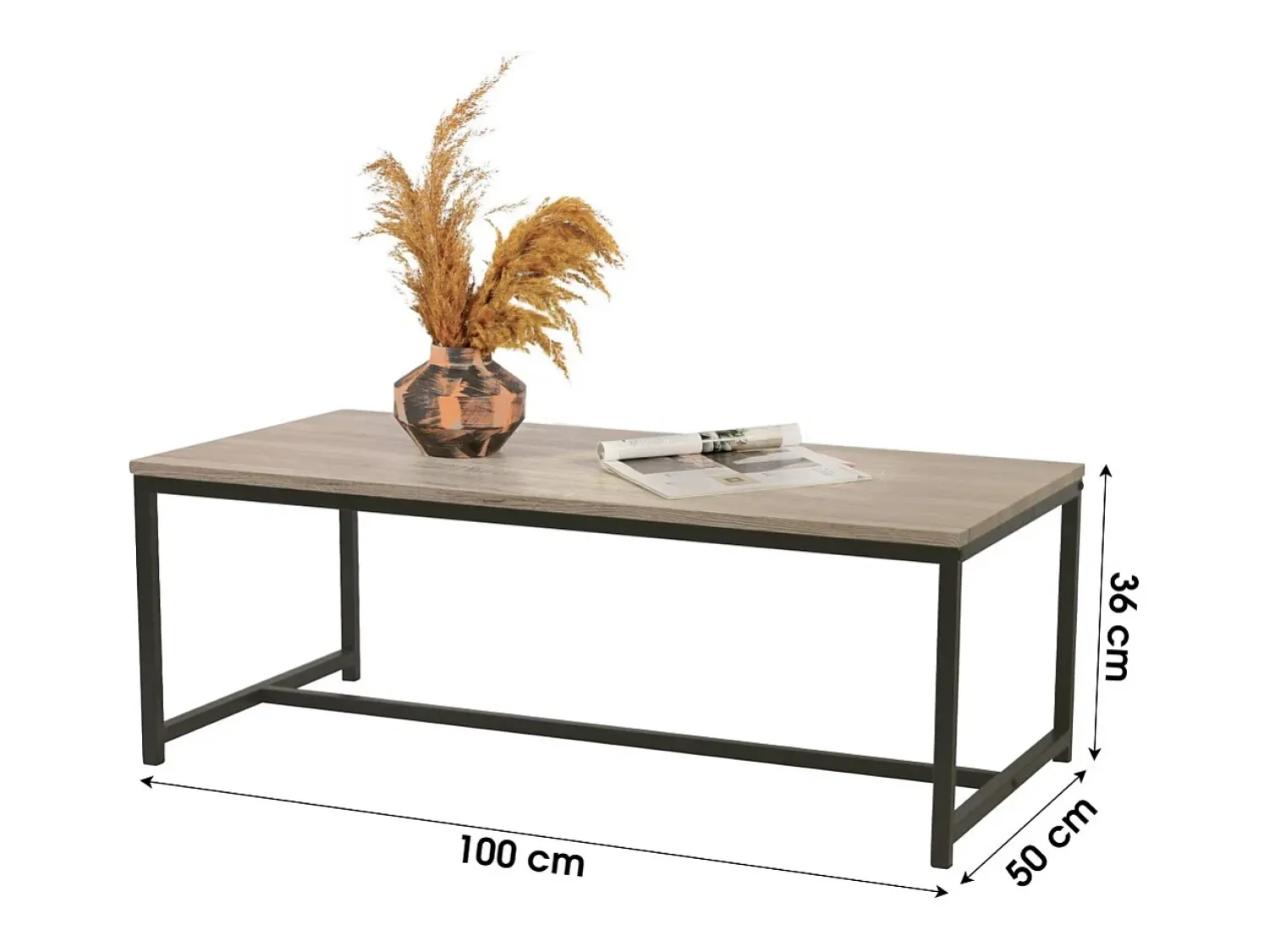 Mesa De Centro*Meublorama Mesa de centro cor carvalho claro estilo clássico com pé de metal preto dimensões 100x50x36cm Castanho
