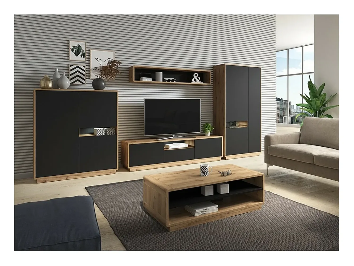 Meublorama Mesa de centro cor carvalho e preto da coleção VILLA com nichos para armazenamento.^ Mesa De Centro