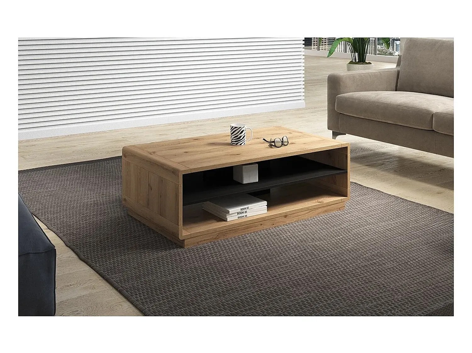 Meublorama Mesa de centro cor carvalho e preto da coleção VILLA com nichos para armazenamento.^ Mesa De Centro