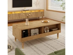Sale Hauss Spole Mesa de centro cor madeira com LED, 2 gavetas, dourado e pés em madeira 110x50x40cm Natural claro