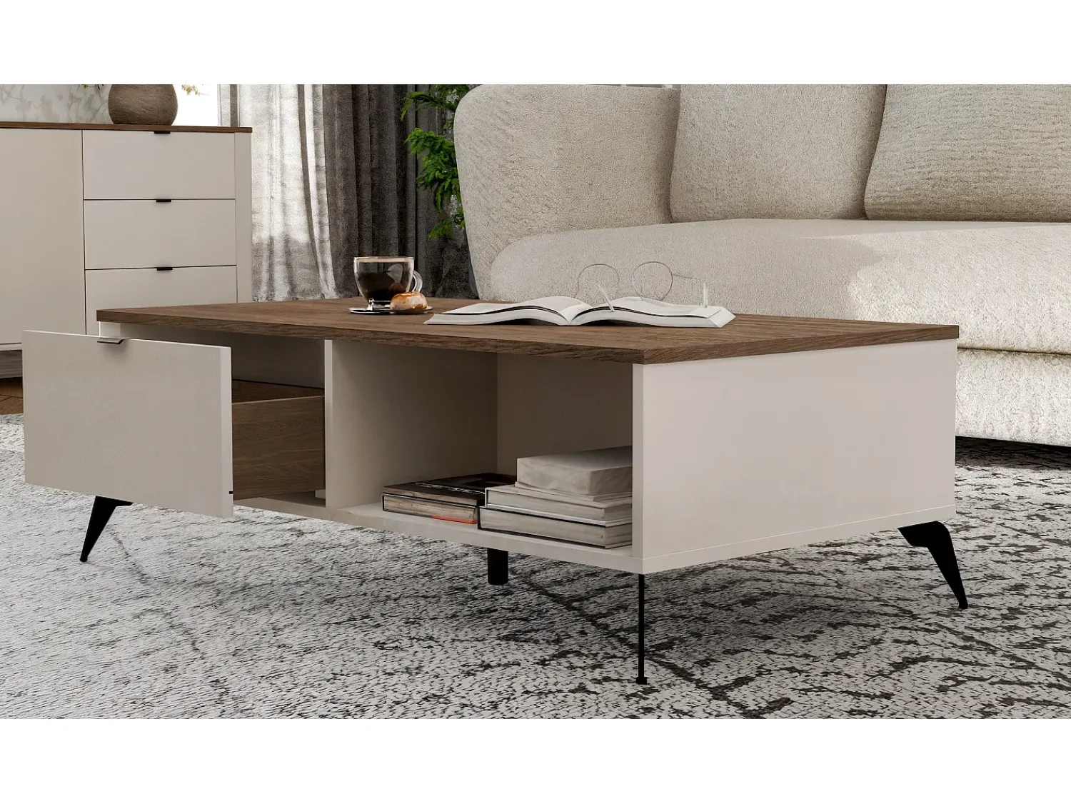 Mesa De Centro*TOPESHOP Mesa de centro Cordoba 110x63 cm com 2 gavetas com fecho suave e tampo em carvalho Castello Bege
