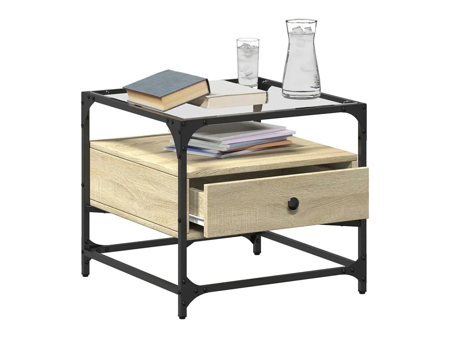 Mesa De Centro* Mesa de centro c/topo de vidro 50x50x45cm carvalho sonoma aço PT184169 Castanho