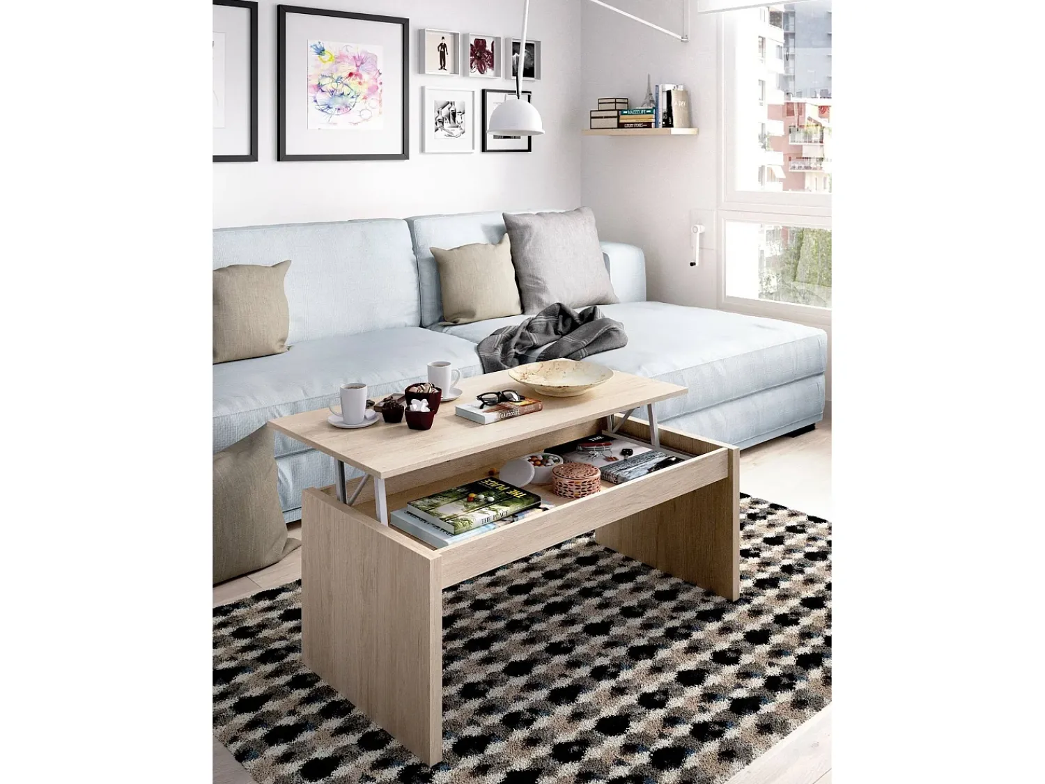 Dmora Mesa de centro Cuar, Porta-revistas da sala com compartimento de arrumação, Mesa de centro baixa elevada, 102x50h43 cm, Carvalho Castanho