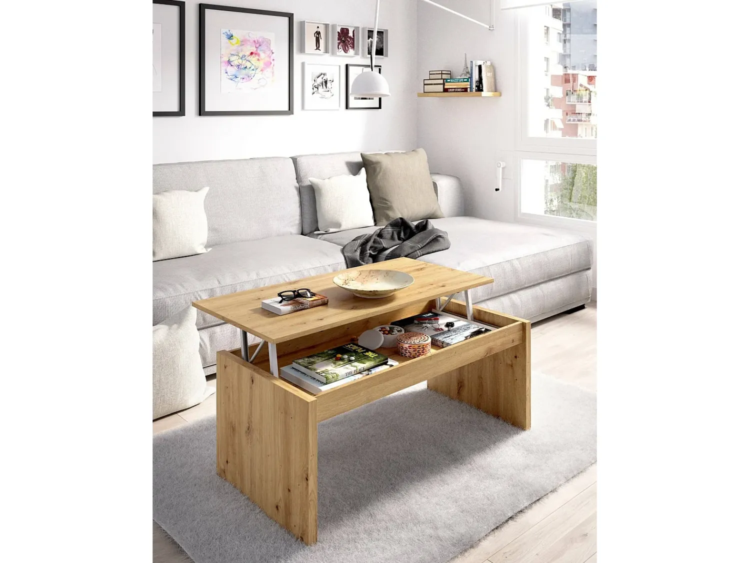 Mesa De Centro|Dmora Mesa de centro Cuar, Porta-revistas para sala com compartimento de arrumação, Mesa de centro baixa elevada, 102x50h43 cm, Knot Oak Castanho