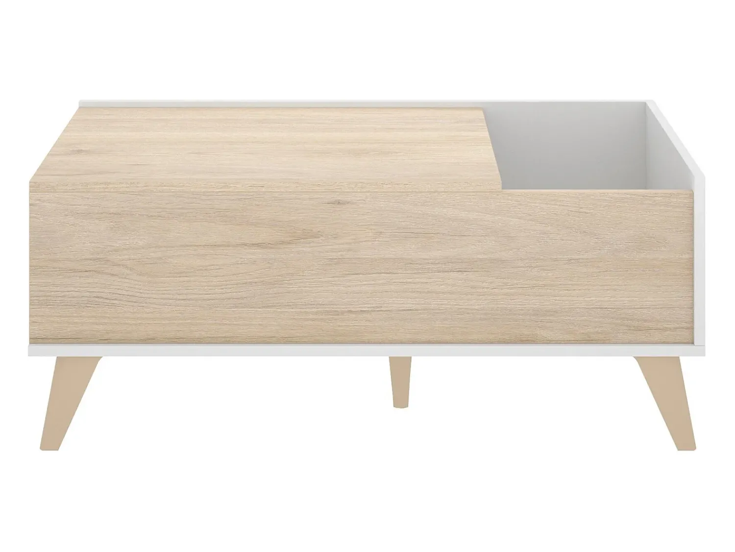 Hot Dmora Mesa de centro Cuna, Porta-revistas da sala com compartimento de arrumação, Mesa de centro baixa elevada, 99x60h41 cm, Carvalho e Branco Castanho