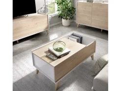 Hot Dmora Mesa de centro Cuna, Porta-revistas da sala com compartimento de arrumação, Mesa de centro baixa elevada, 99x60h41 cm, Carvalho e Branco Castanho