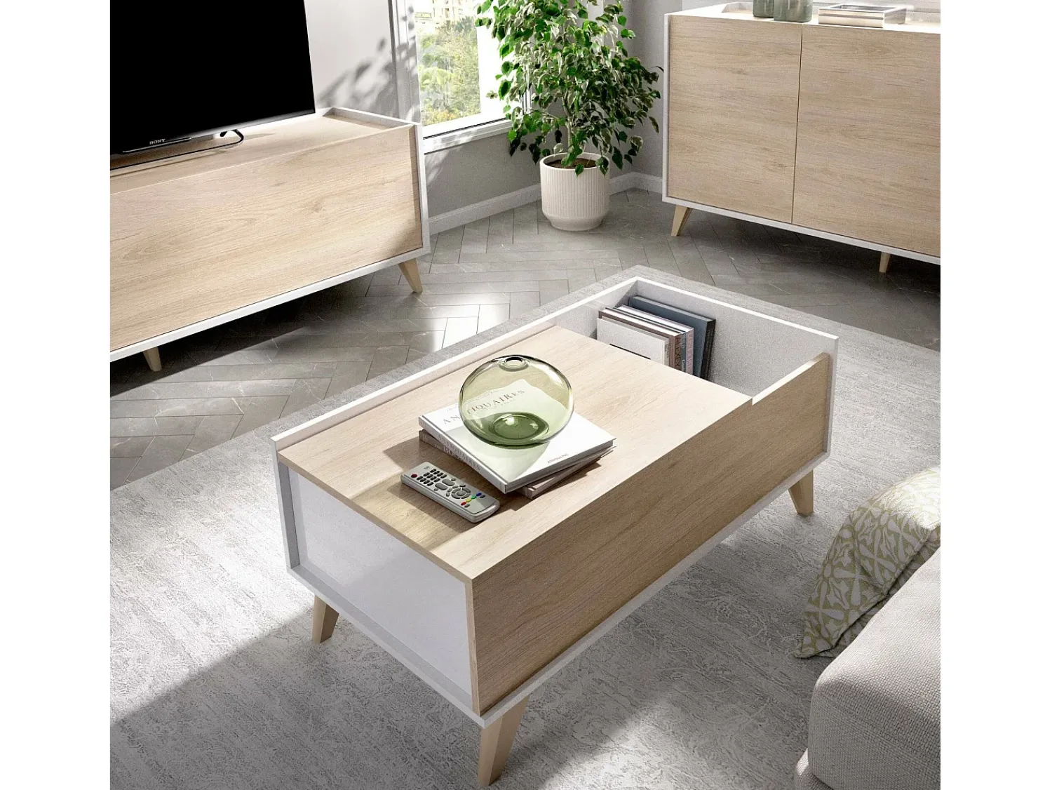 Hot Dmora Mesa de centro Cuna, Porta-revistas da sala com compartimento de arrumação, Mesa de centro baixa elevada, 99x60h41 cm, Carvalho e Branco Castanho