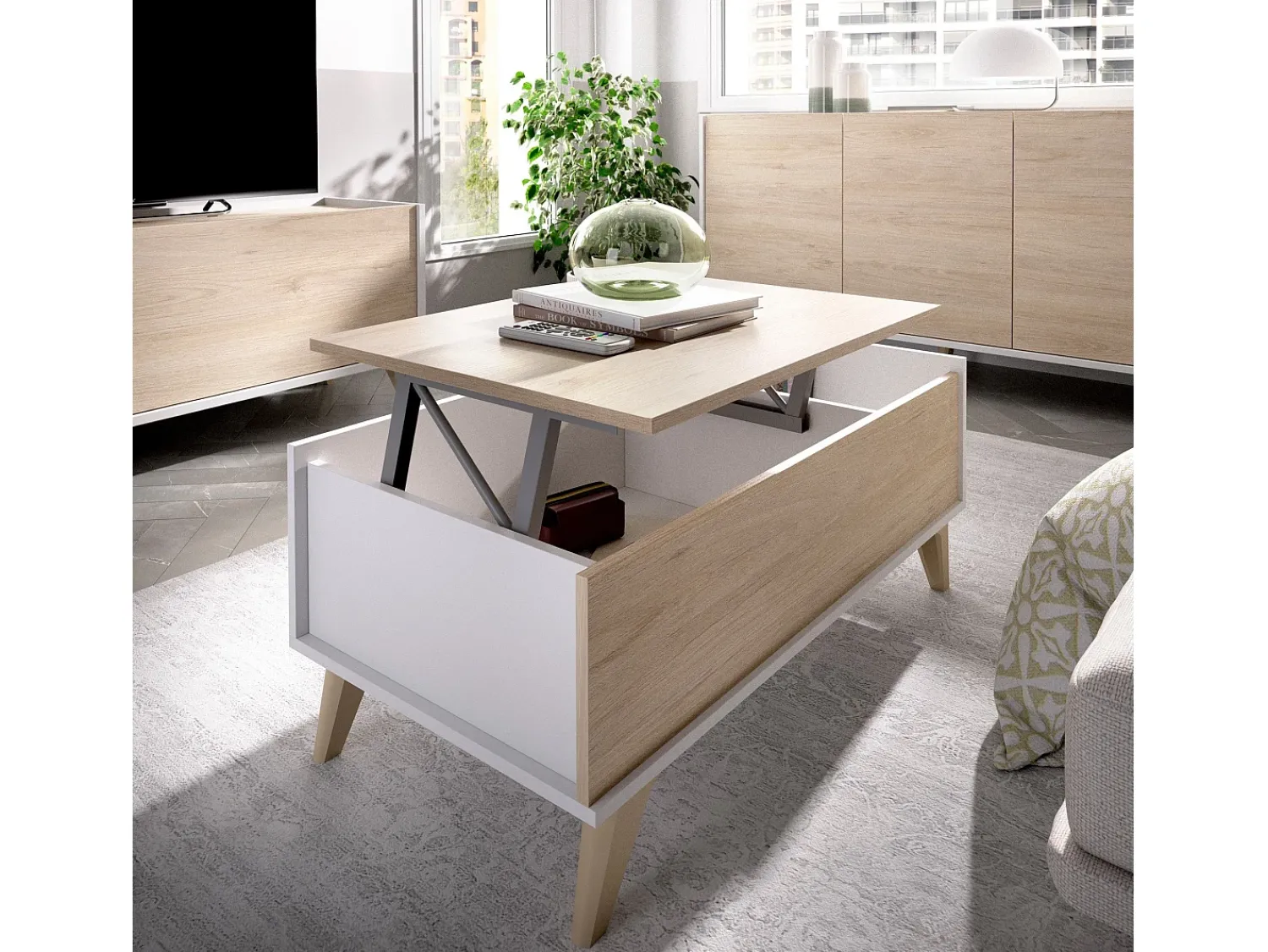 Hot Dmora Mesa de centro Cuna, Porta-revistas da sala com compartimento de arrumação, Mesa de centro baixa elevada, 99x60h41 cm, Carvalho e Branco Castanho