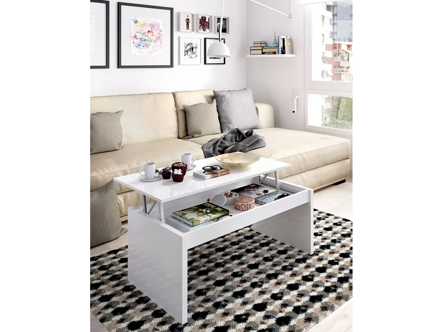 Mesa De Centro|Dmora Mesa de centro Dburgi, Porta-revistas para sala com compartimento de arrumação, Mesa de centro baixa elevada, 102x50h43 cm, Branco