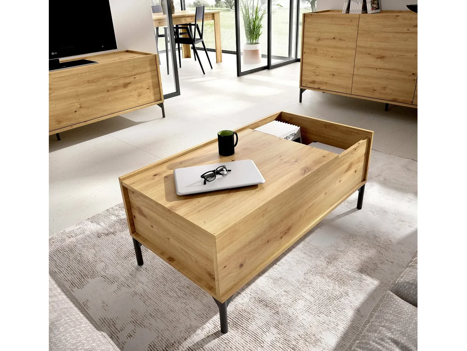 Mesa De Centro|Dmora Mesa de centro Dburs, porta-revistas para sala com compartimento de arrumação, mesa de centro baixa elevatória, 99x60h41 cm, carvalho atado Castanho
