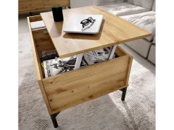 Mesa De Centro|Dmora Mesa de centro Dburs, porta-revistas para sala com compartimento de arrumação, mesa de centro baixa elevatória, 99x60h41 cm, carvalho atado Castanho