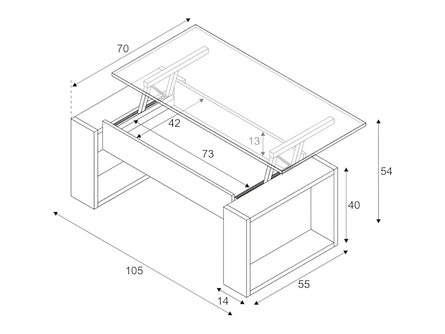 Mesa De Centro*Dmora Mesa de centro Ddav, Mesa de centro com tampo elevável, Mesa baixa de sala, 105x55h45/56 cm, Carvalho atado Castanho