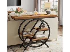Consola|Tribesigns Mesa de centro de 100 cm com tampo espesso, mesa para sofá de corredor industrial estreita com 4 níveis e estrutura geométrica de metal, marrom claro Natural escuro