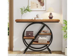 Consola|Tribesigns Mesa de centro de 100 cm com tampo espesso, mesa para sofá de corredor industrial estreita com 4 níveis e estrutura geométrica de metal, marrom claro Natural escuro