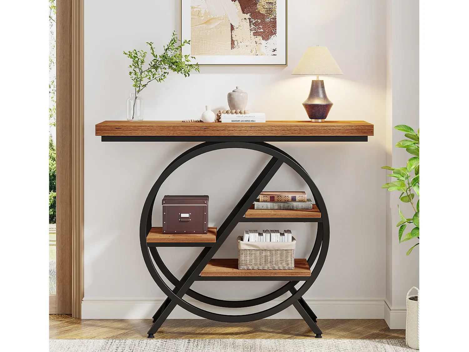 Consola|Tribesigns Mesa de centro de 100 cm com tampo espesso, mesa para sofá de corredor industrial estreita com 4 níveis e estrutura geométrica de metal, marrom claro Natural escuro
