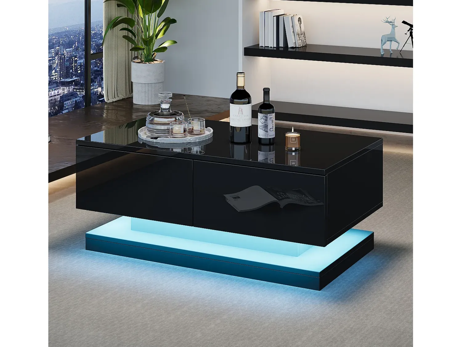 Mesa De Centro*ModernLuxe Mesa de centro de alto brilho 90x50x38cm - com 2 gavetas - com iluminação LED - preta Preto
