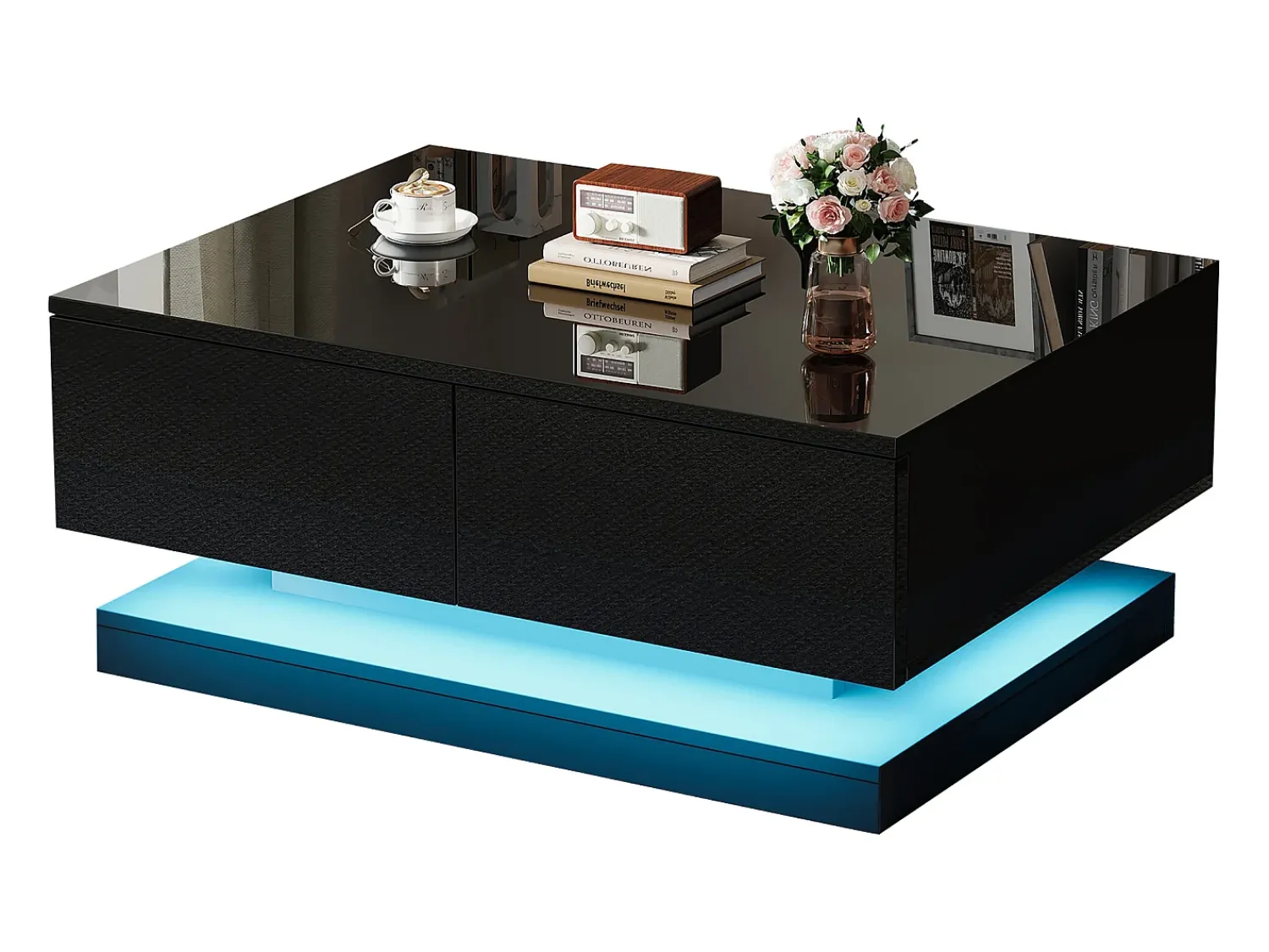 Mesa De Centro*ModernLuxe Mesa de centro de alto brilho 90x50x38cm - com 2 gavetas - com iluminação LED - preta Preto