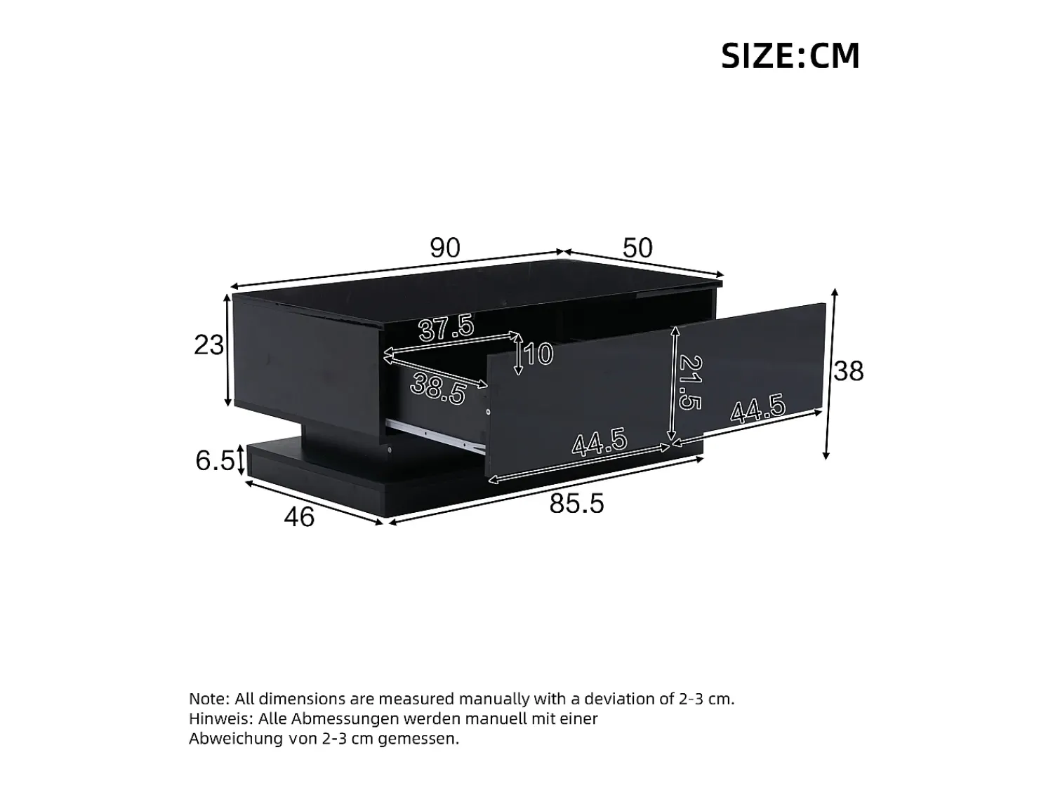 Mesa De Centro*ModernLuxe Mesa de centro de alto brilho 90x50x38cm - com 2 gavetas - com iluminação LED - preta Preto