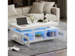 Sale ModernLuxe Mesa de centro de alto brilho 100x50x43cm - com 2 portas - iluminação LED - com porta de carregamento e tomada - branca Branco