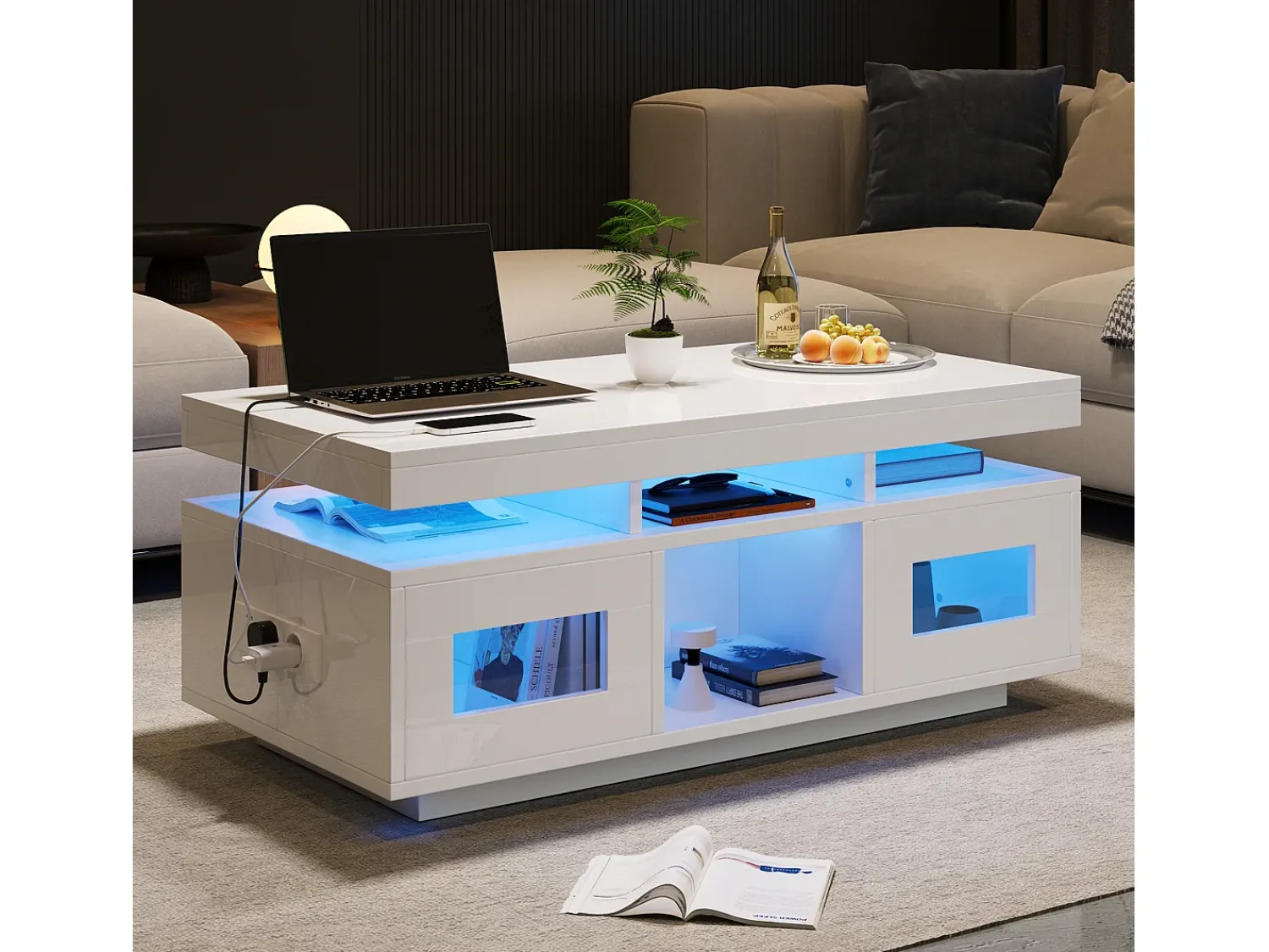 Sale ModernLuxe Mesa de centro de alto brilho 100x50x43cm - com 2 portas - iluminação LED - com porta de carregamento e tomada - branca Branco
