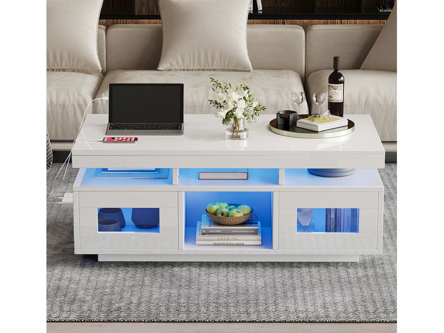 Sale ModernLuxe Mesa de centro de alto brilho 100x50x43cm - com 2 portas - iluminação LED - com porta de carregamento e tomada - branca Branco