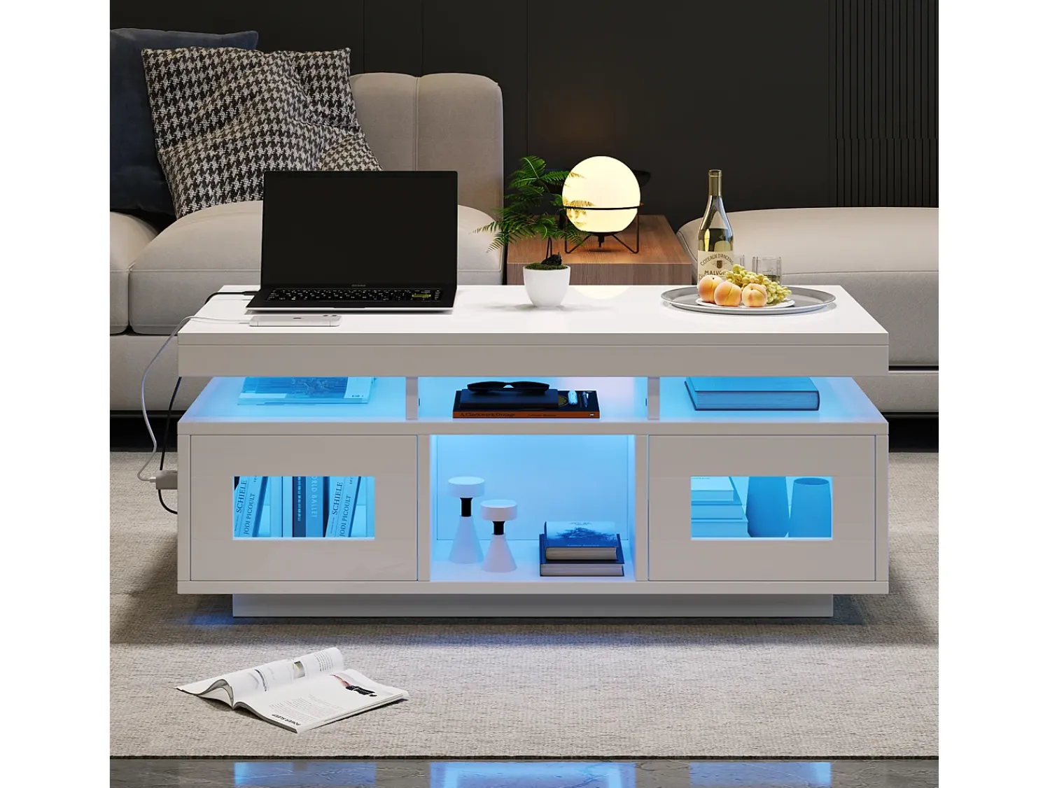 Sale ModernLuxe Mesa de centro de alto brilho 100x50x43cm - com 2 portas - iluminação LED - com porta de carregamento e tomada - branca Branco