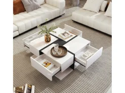 Mesa De Centro*Merax Mesa de centro de alto brilho com 4 gavetas - 78 x 78 x 36 cm - espaço de armazenamento embaixo - aglomerado - Branco