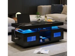 ModernLuxe Mesa de centro de alto brilho 100x50x43cm - com 2 portas - iluminação LED - com porta de carregamento e tomada - preta^ Mesa De Centro