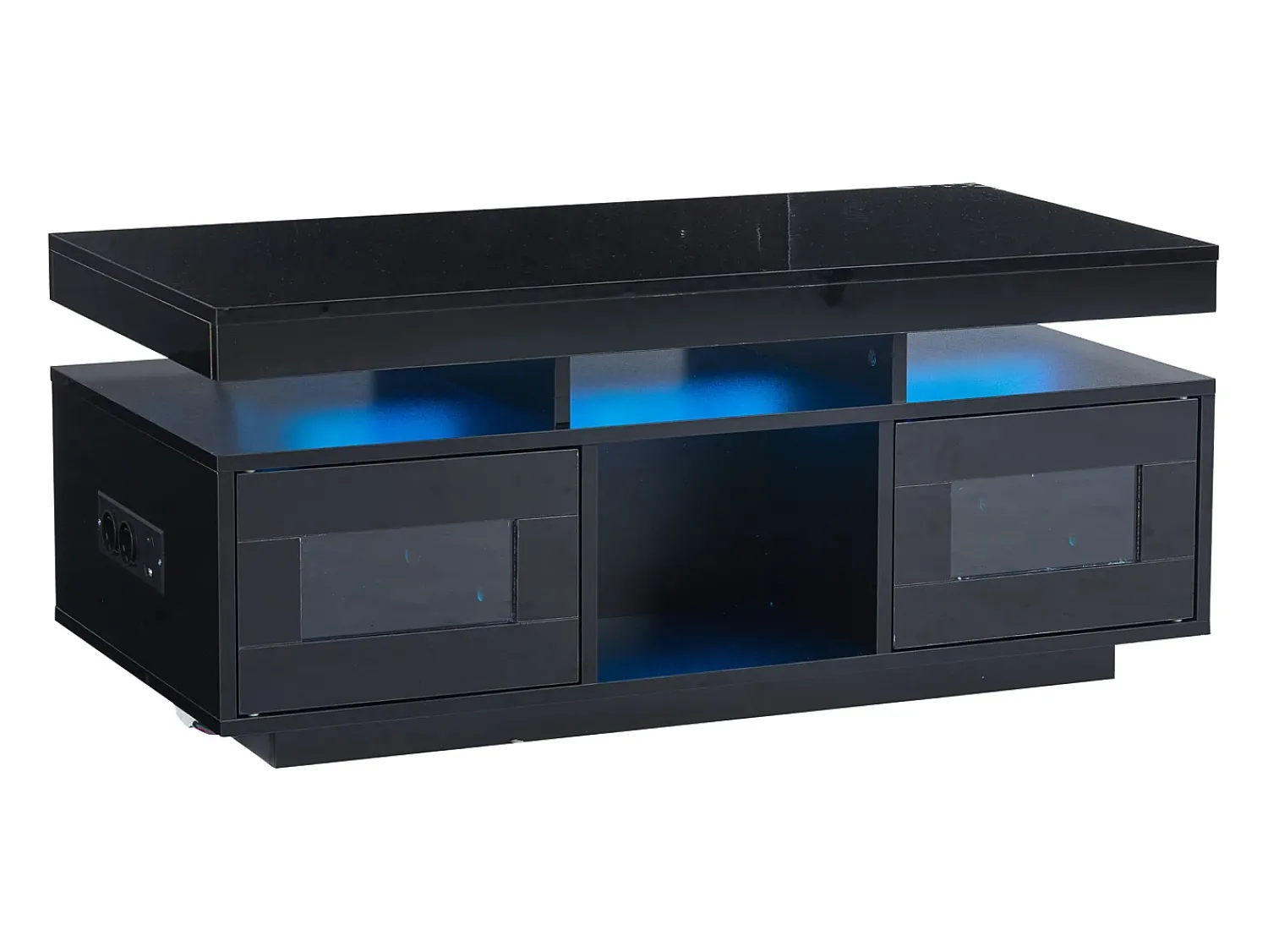 ModernLuxe Mesa de centro de alto brilho 100x50x43cm - com 2 portas - iluminação LED - com porta de carregamento e tomada - preta^ Mesa De Centro