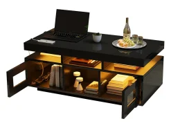 ModernLuxe Mesa de centro de alto brilho 100x50x43cm - com 2 portas - iluminação LED - com porta de carregamento e tomada - preta^ Mesa De Centro