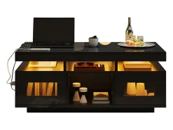 ModernLuxe Mesa de centro de alto brilho 100x50x43cm - com 2 portas - iluminação LED - com porta de carregamento e tomada - preta^ Mesa De Centro