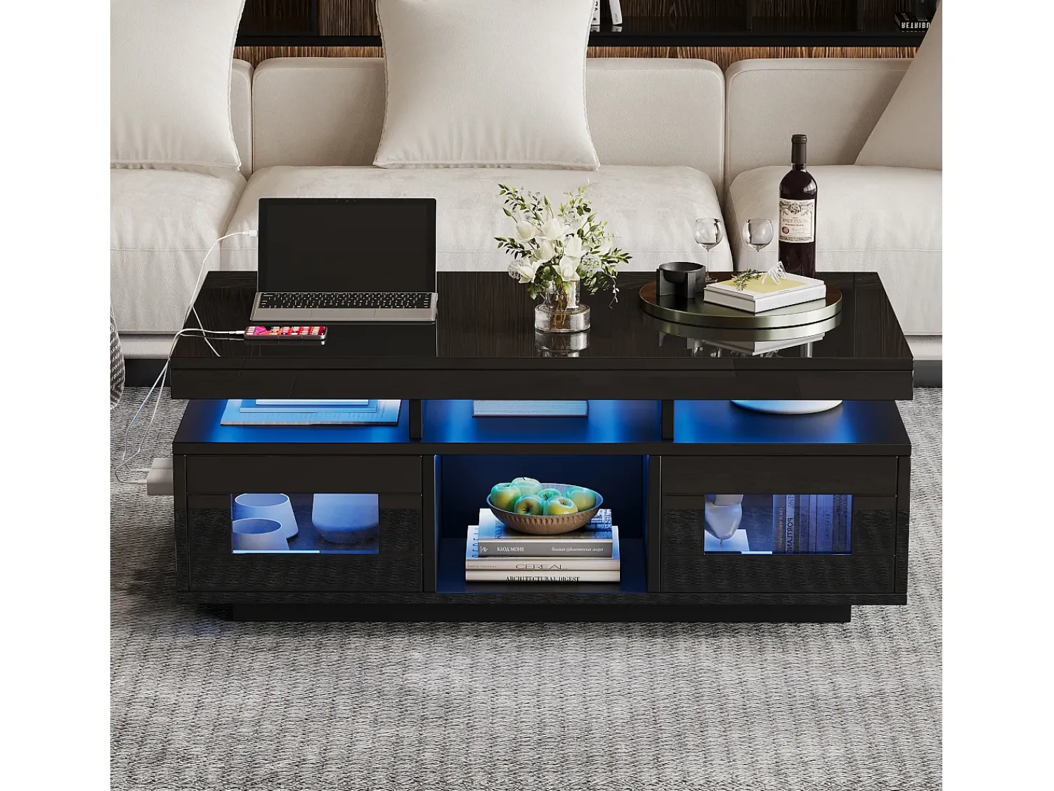 ModernLuxe Mesa de centro de alto brilho 100x50x43cm - com 2 portas - iluminação LED - com porta de carregamento e tomada - preta^ Mesa De Centro