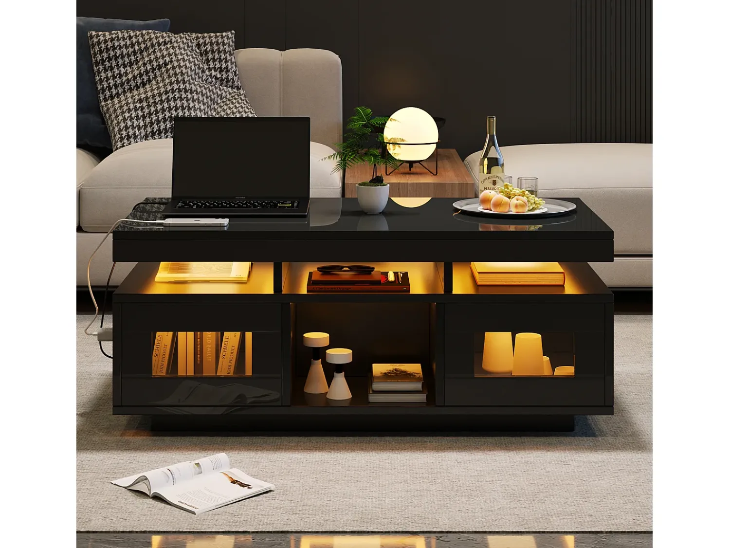 ModernLuxe Mesa de centro de alto brilho 100x50x43cm - com 2 portas - iluminação LED - com porta de carregamento e tomada - preta^ Mesa De Centro