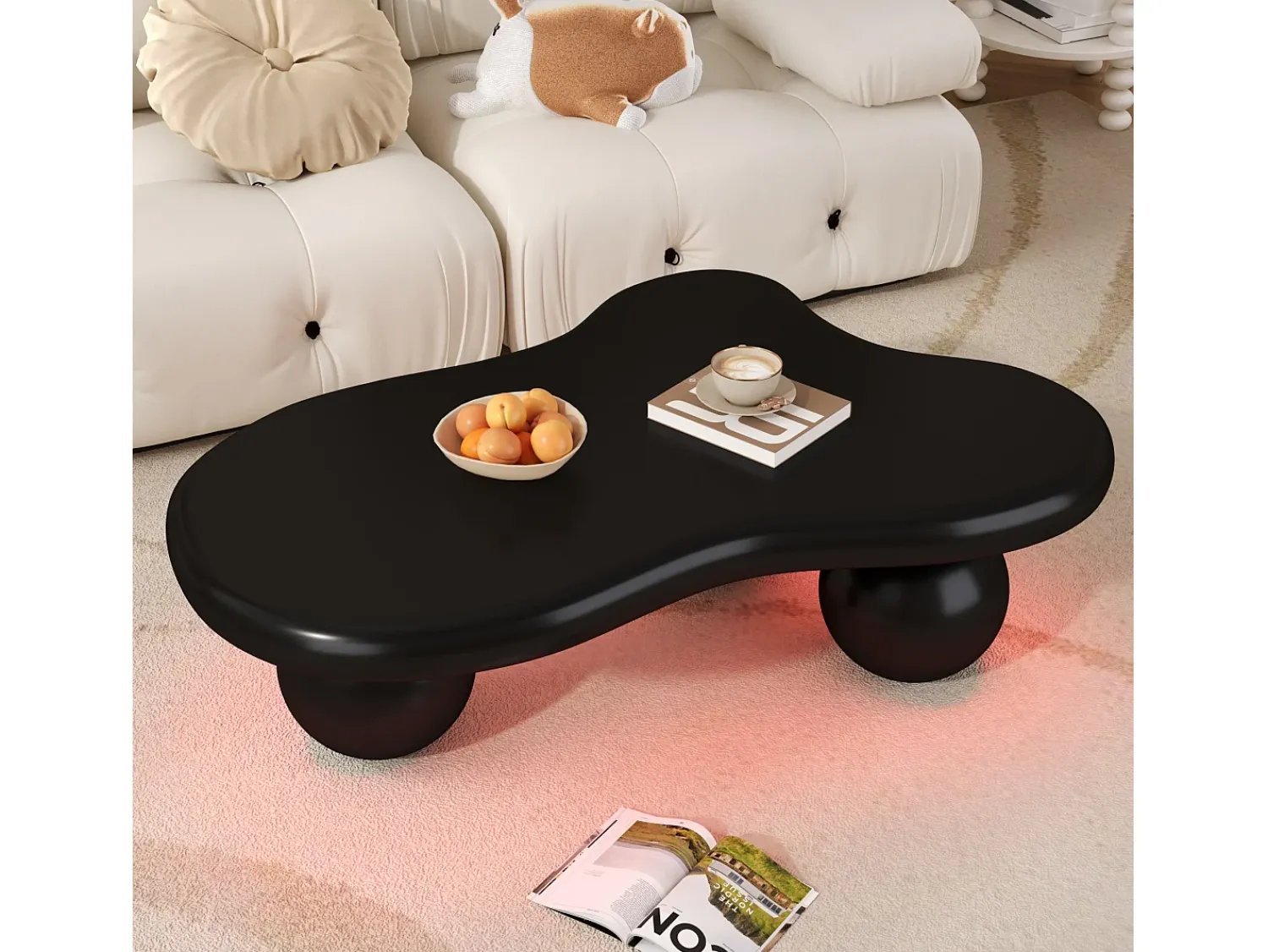 Mesa De Centro* Mesa de centro de design em formato de nuvem com iluminação LED, formato original, tampo iluminado em estilo nuvem, e branco. Preto