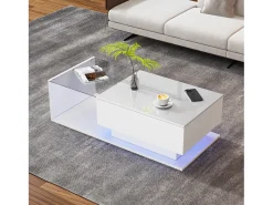 Mesa De Centro*Hauss Spole Mesa de centro de design com LED inteligente, brilhante e vidro integrado, 100x50 cm Branco