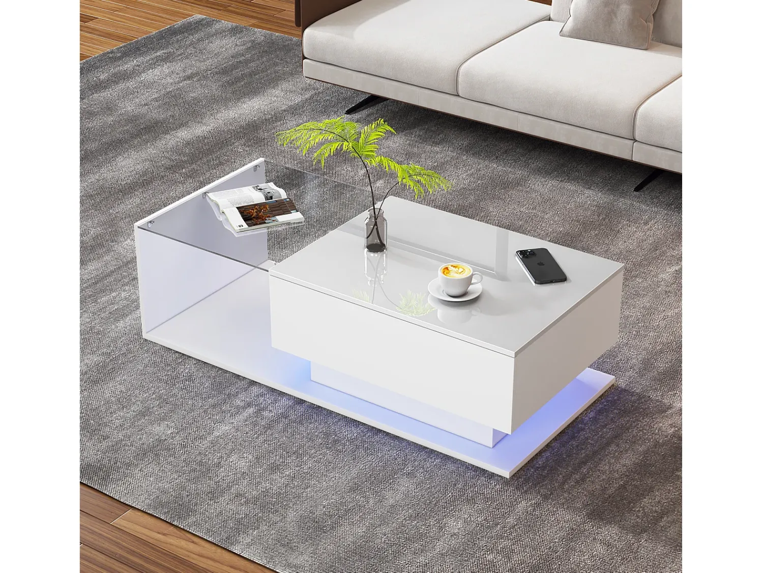Mesa De Centro*Hauss Spole Mesa de centro de design com LED inteligente, brilhante e vidro integrado, 100x50 cm Branco