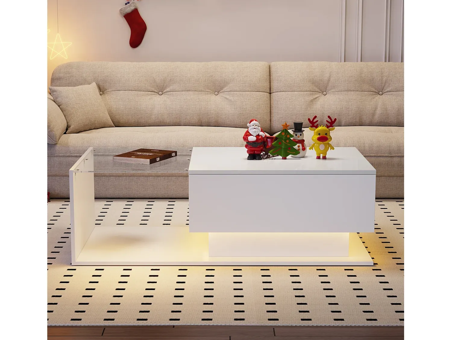 Mesa De Centro*Hauss Spole Mesa de centro de design com LED inteligente, brilhante e vidro integrado, 100x50 cm Branco