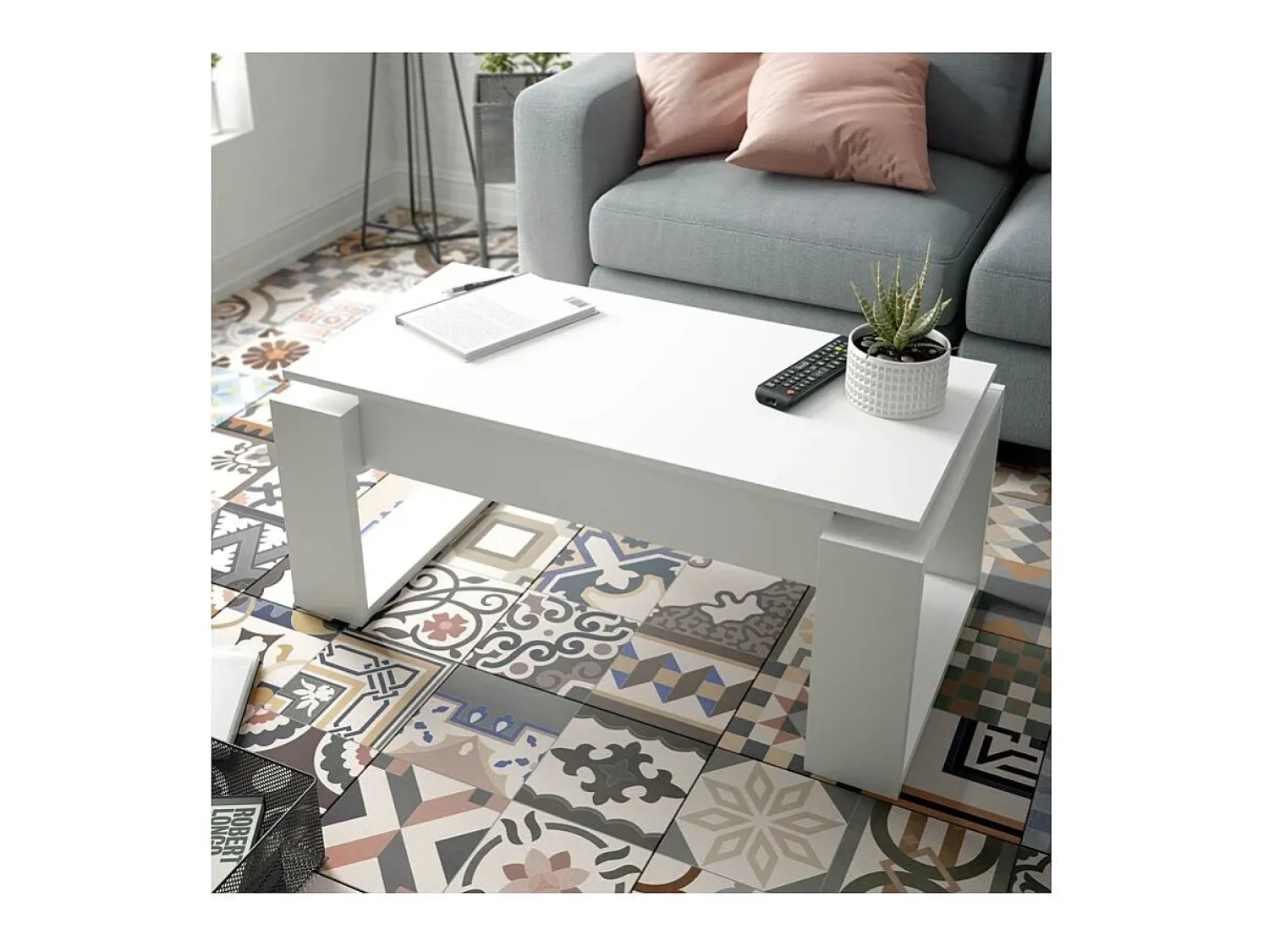 Mesa De Centro|Calicosy Mesa de centro de design com tampo elevatório L102 cm - Ciara, ideal para espaços pequenos Branco