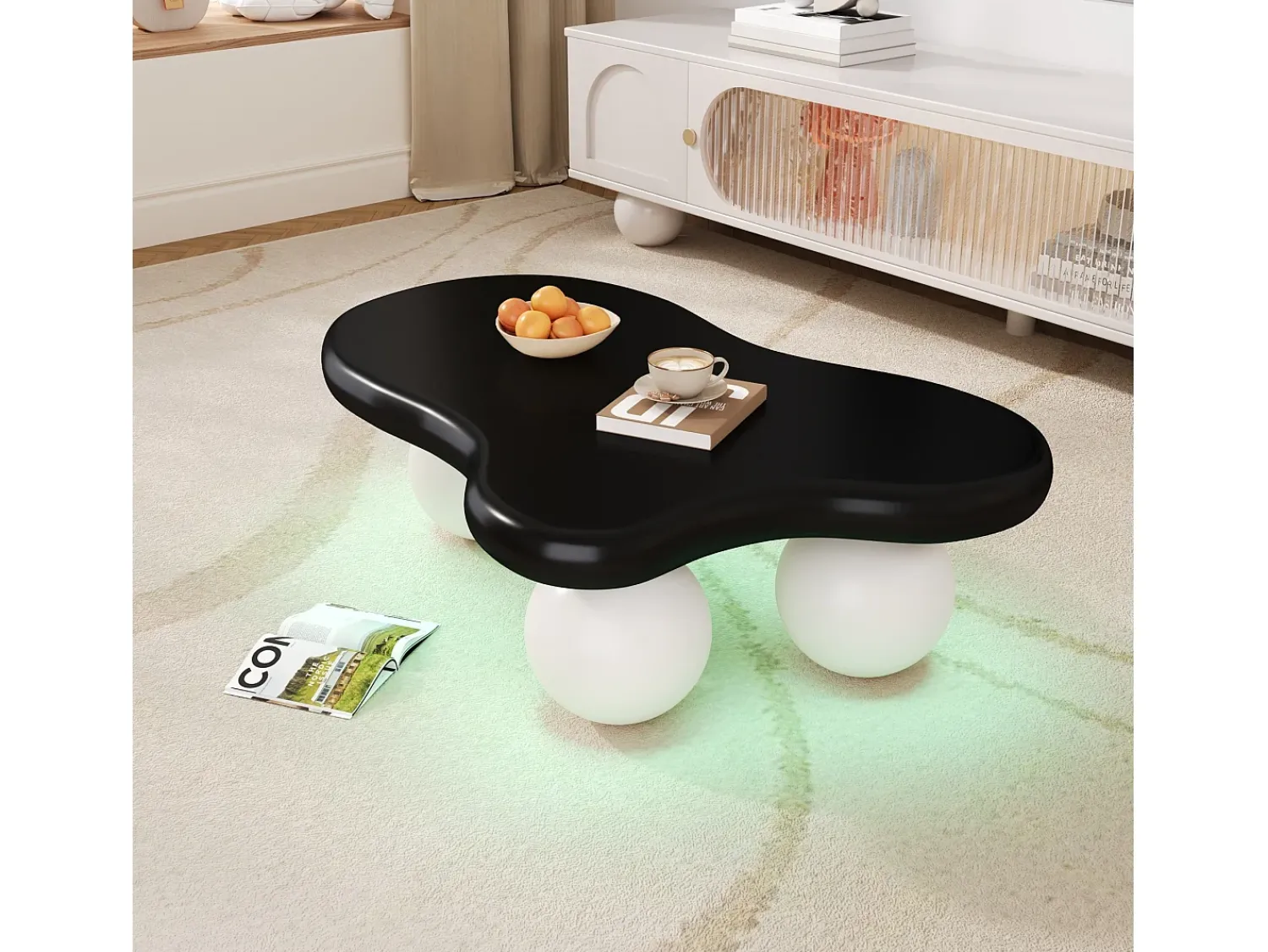 Mesa de centro de design em formato de nuvem com iluminação LED, formato original, tampo iluminado em estilo nuvem, e branco.^ Mesa De Centro