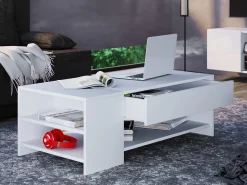 Discount VCM Mesa de centro de madeira simples | Dimensões aprox. A. 35 x L. 100 x P. 50 cm | Mesa de estar com gaveta - Tindus (Branco / Branco) Multicor