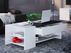 Mesa De Apoio*VCM Mesa de centro de madeira simples | Dimensões aprox. A. 35 x L. 100 x P. 50 cm | Mesa de estar com gaveta - Tindus (Branco / Preto) Multicor